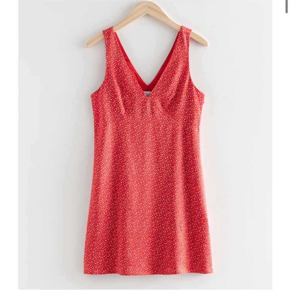 & Other Stories Sleevless Printed Satin Red Mini Dress